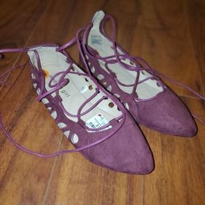 Like new, burgundy tie-up-ankle flat espadrilles